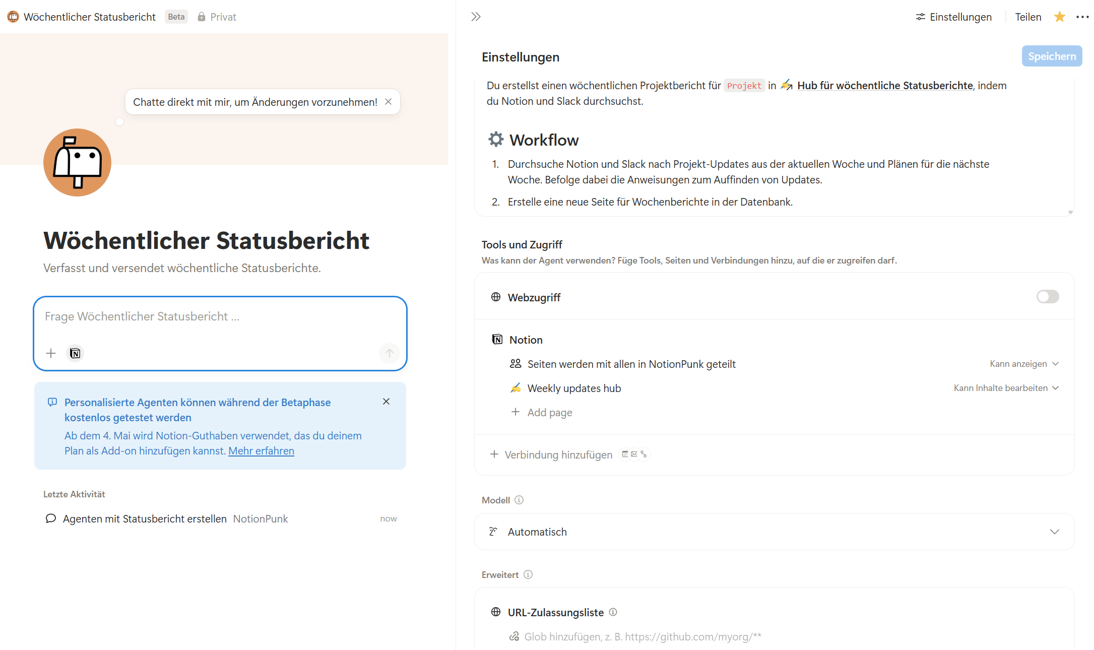 Konfiguration der Quellen für Notion Agenten