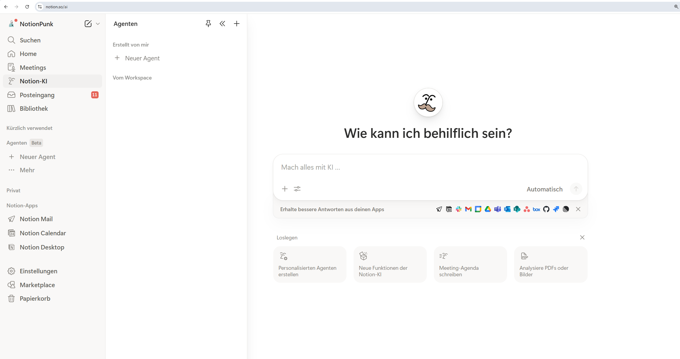 Notion Agenten-Vorlagen Menü Übersicht