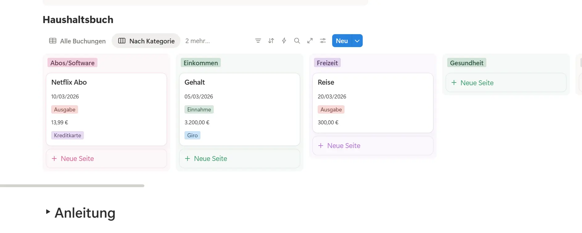 Notion Haushaltsbuch Vorlage