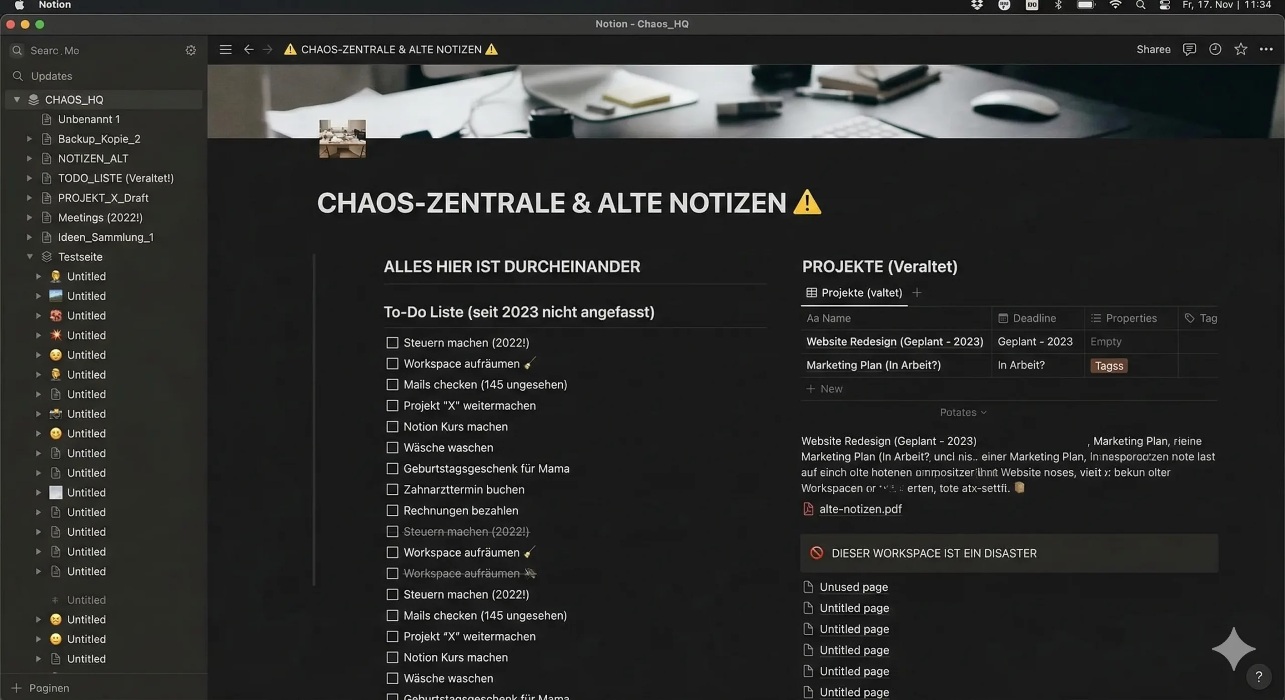 Unsortiertes Notion Chaos Beispiel