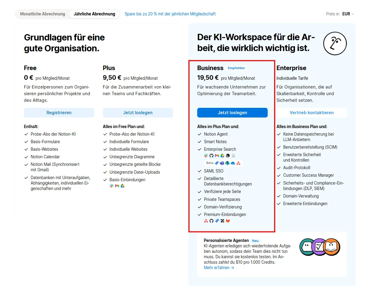 Notion Business Plan Übersicht