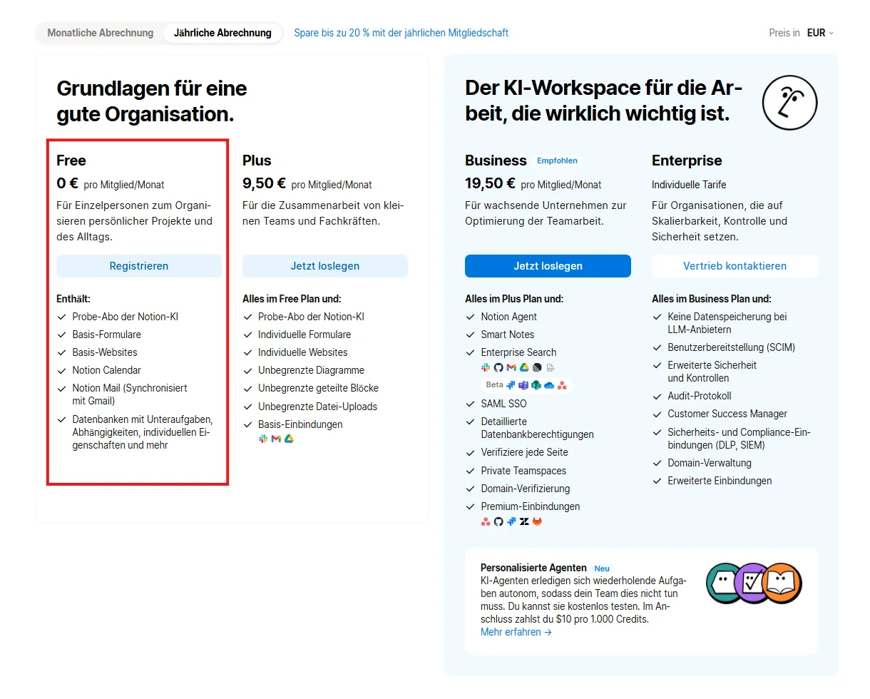 Notion Free Plan Übersicht