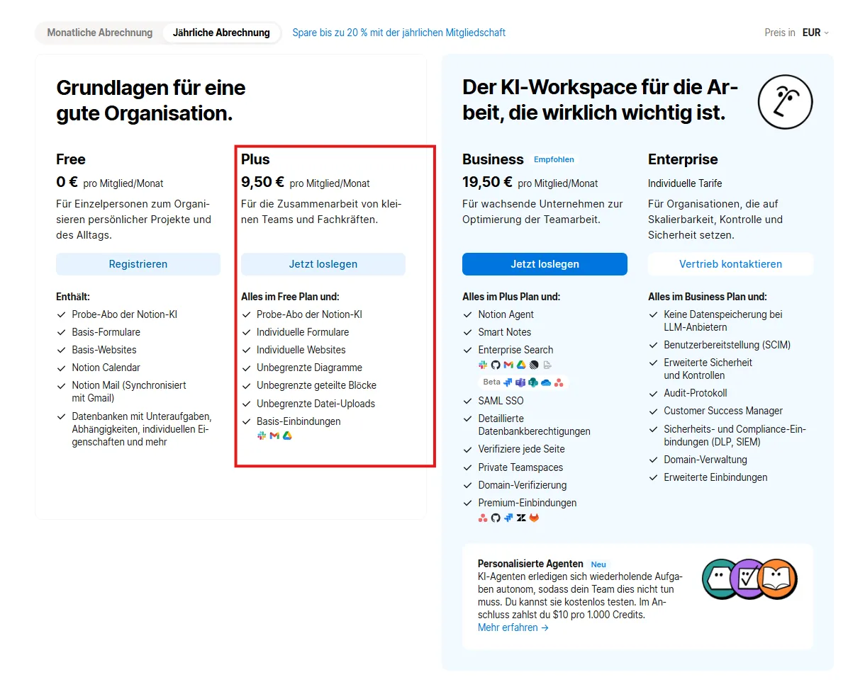Notion Plus Plan Übersicht