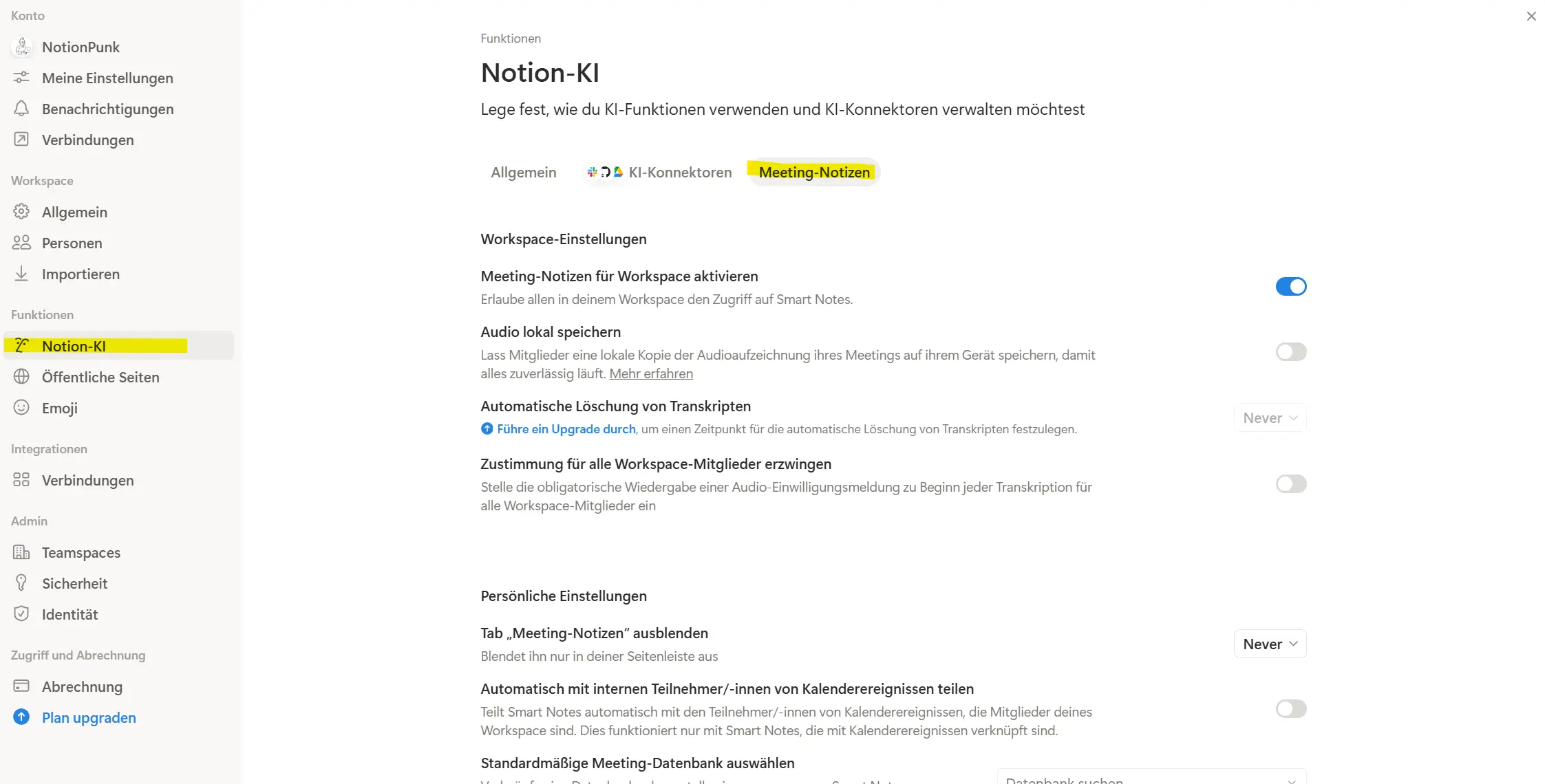 Notion Smart Meeting Einstellungen