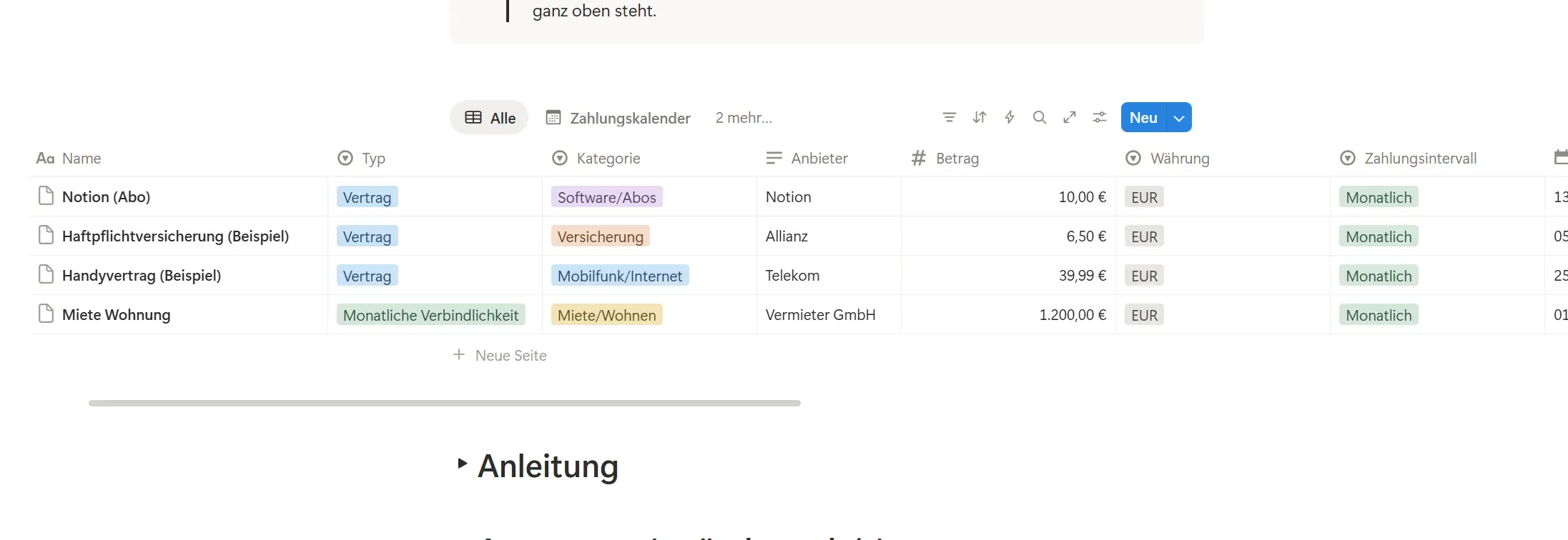 Notion Vertragsmanager Vorlage