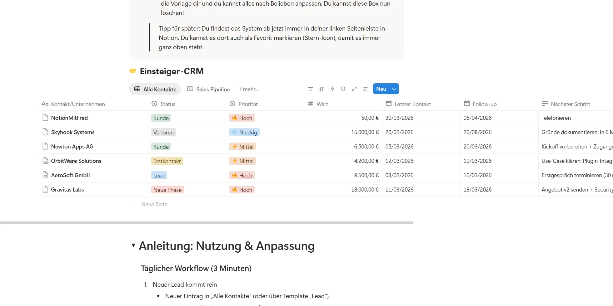 Notion CRM Übersicht Dashboard