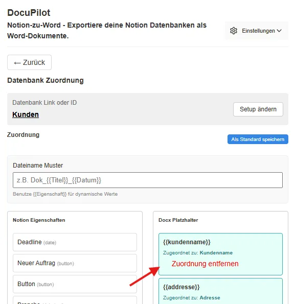 Notion Eigenschaften im Docupiloten den Word-Platzhaltern zuordnen