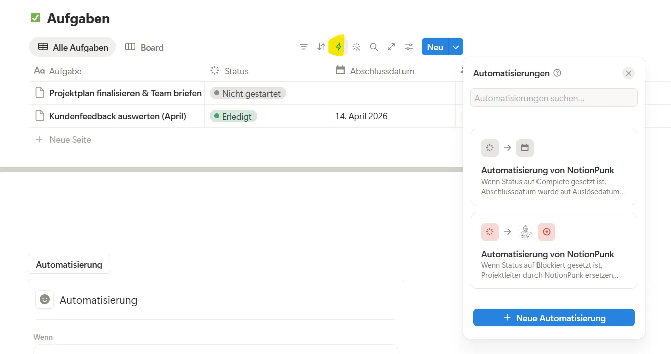 Notion Datenbank-Automatisierungen – Trigger und Action Übersicht