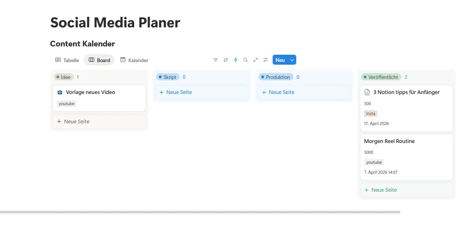 Notion Board Ansicht für Content Planning