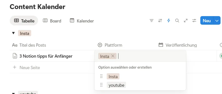 Notion Auswahlfeld Property einrichten