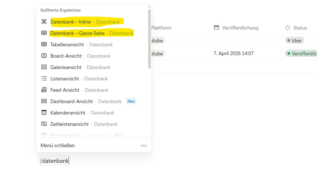 Notion Datenbank Inline vs Fullpage Vergleich