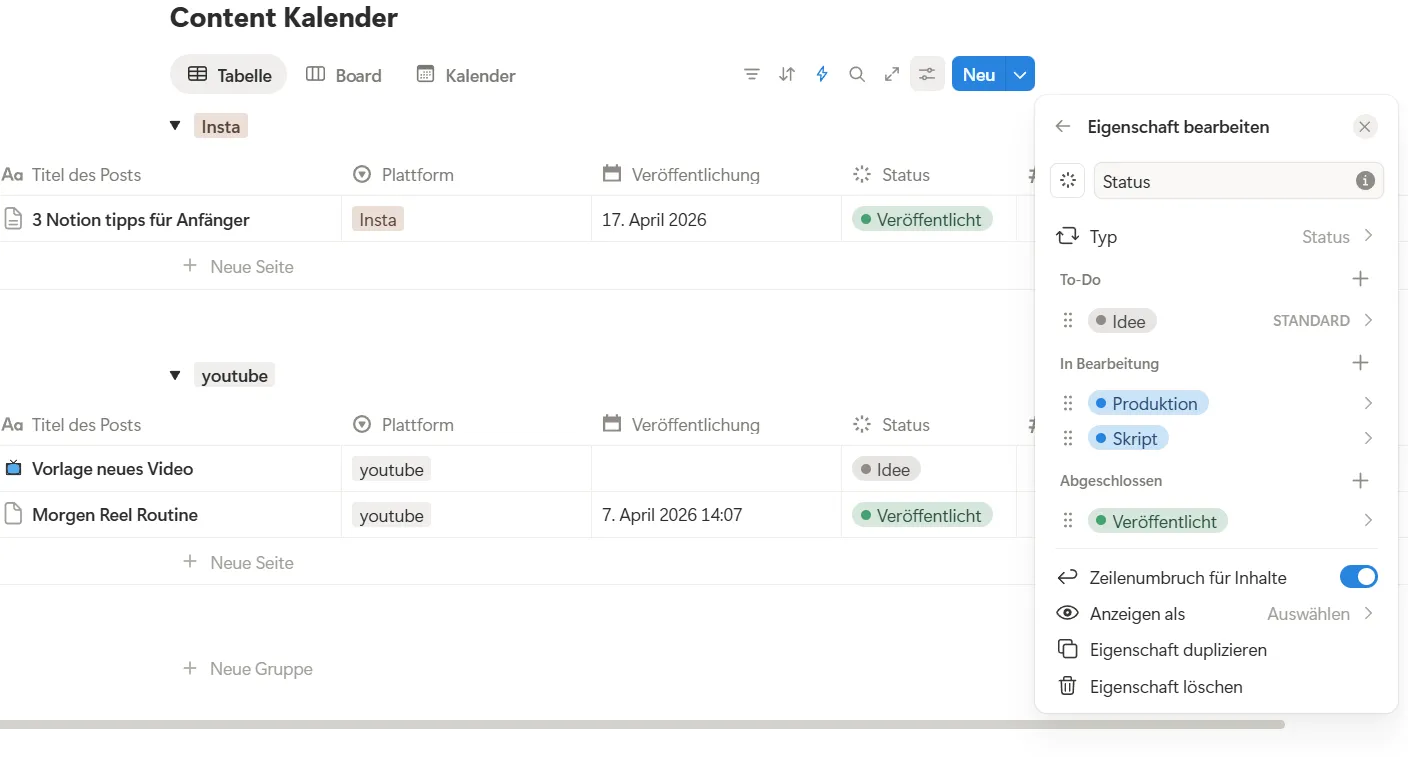 Status-Eigenschaften in Notion anpassen
