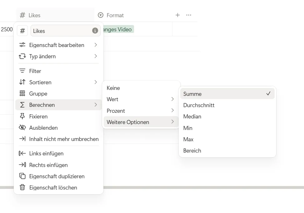 Notion Kalkulationen am Ende der Tabelle