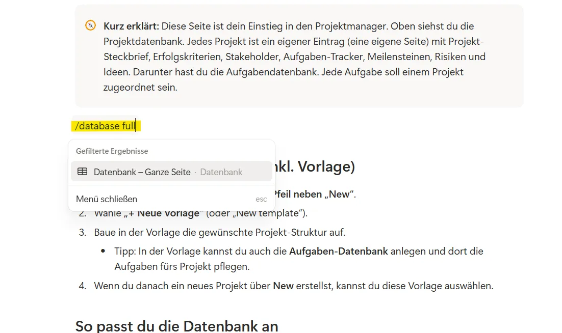 Notion ganzseitige Datenbank erstellen