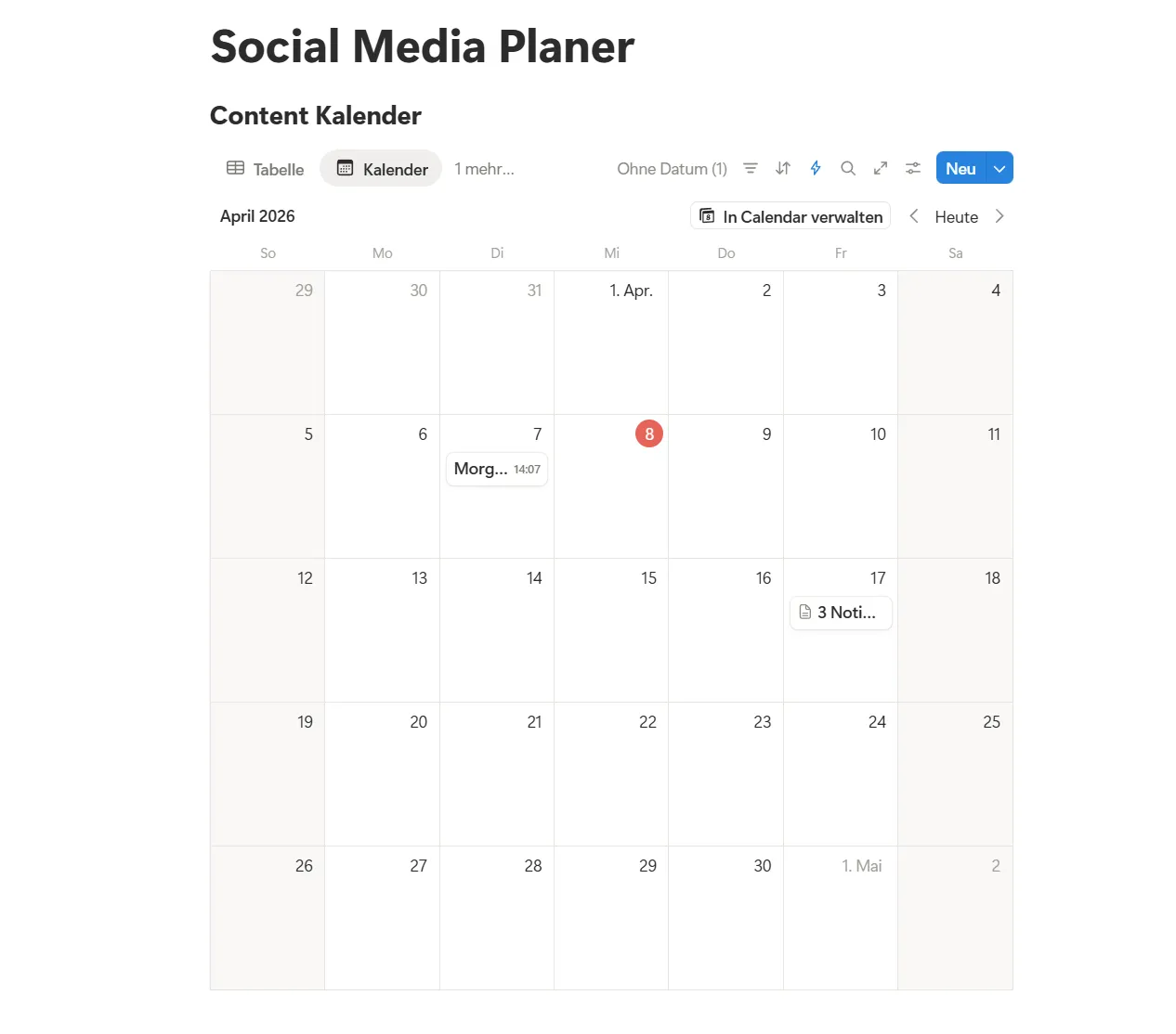 Notion Kalender Ansicht als Redaktionsplan
