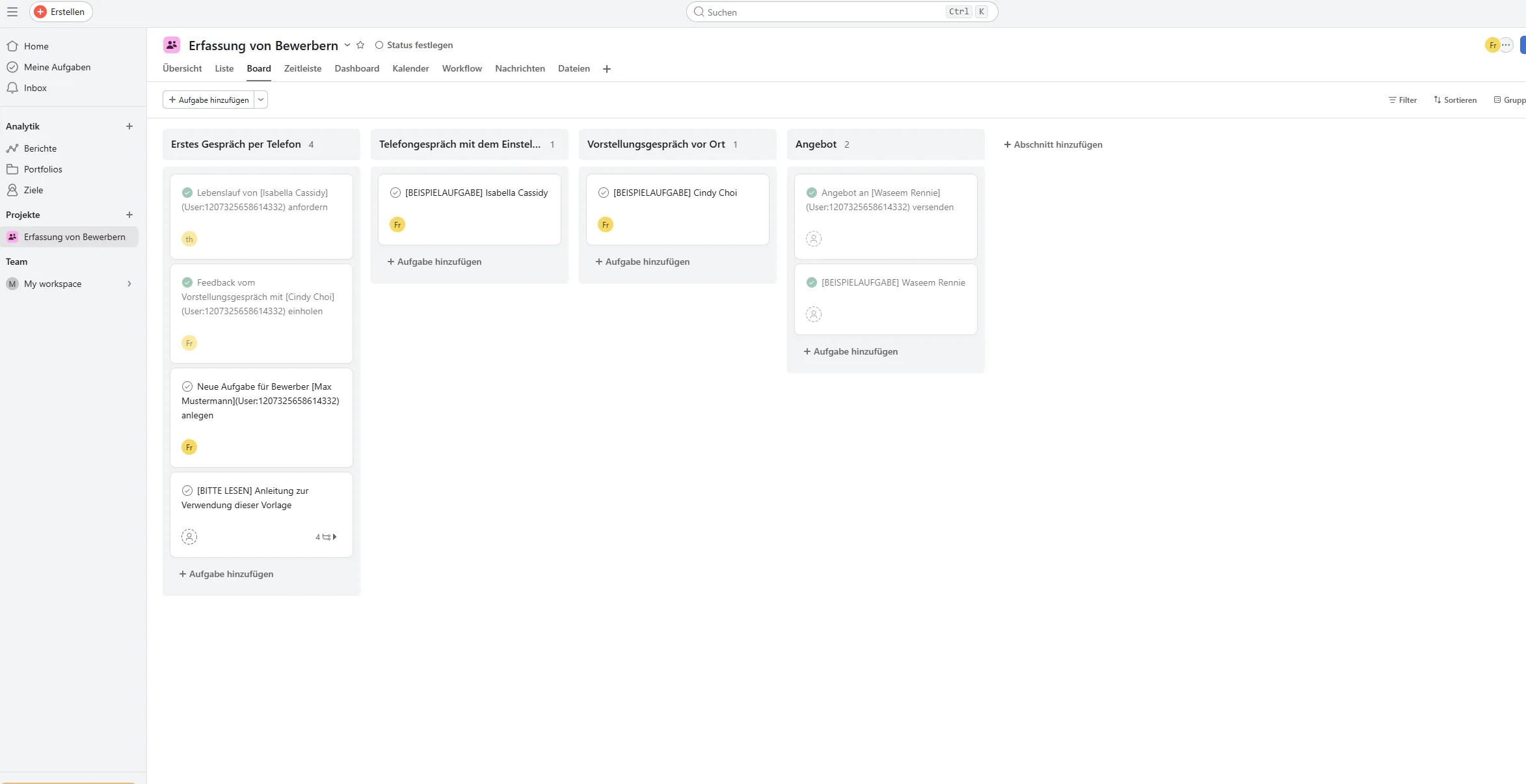 Asana Projektmanagement Oberfläche