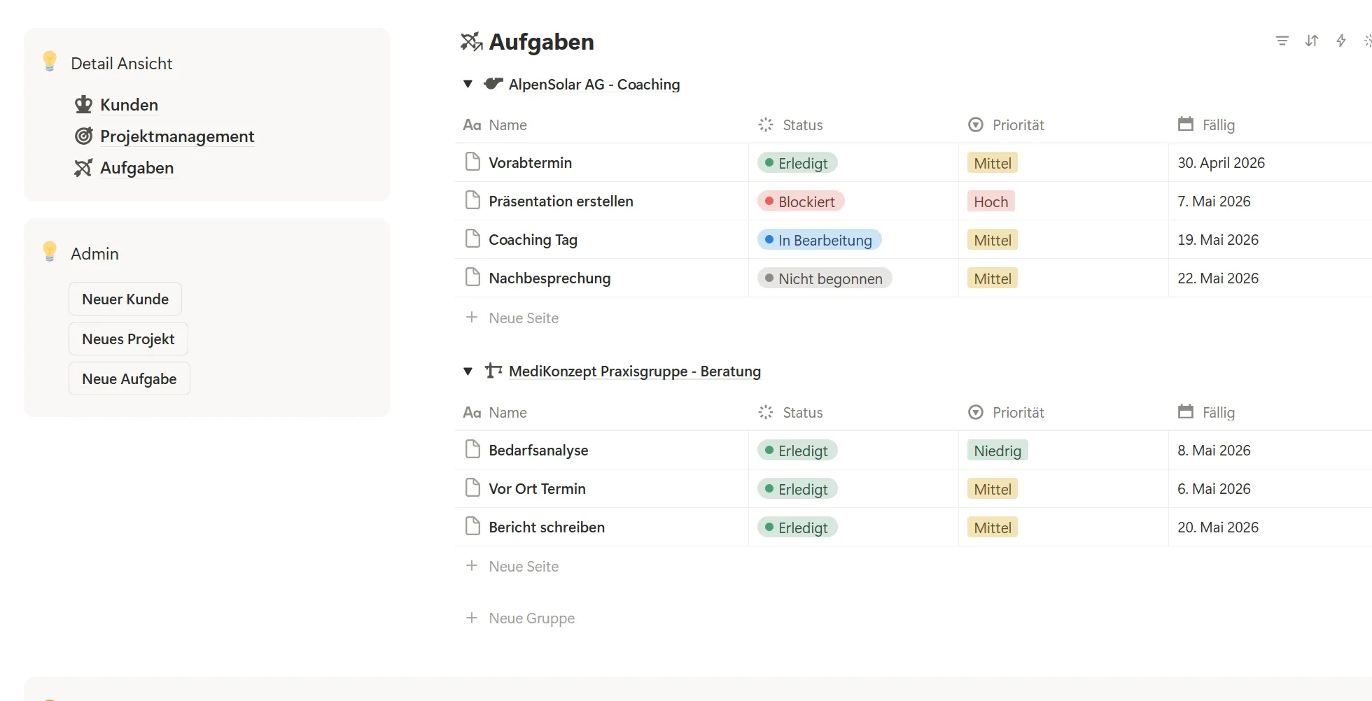 Notion Projektmanagement Oberfläche