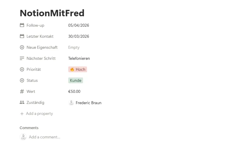 Eigenschaften eines Kontakts im Notion CRM mit Status, Wiedervorlage und Anlass