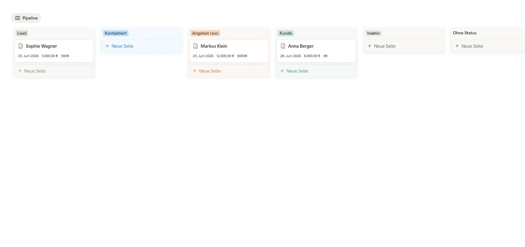 Notion Sales Pipeline für Solopreneure mit Lead-Status von Erstkontakt bis Kunde